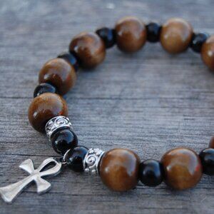 Ankh Cross Bracelet,Wood Bracelet,Wood Ankh Cross Bracelet